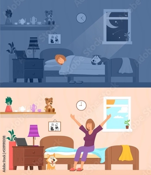 Fototapeta Woman sleeping. Sleep and wake up and stretch in bed girl. Healthy sleepover in bedroom, night and morning of female decent vector character