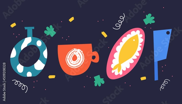 Fototapeta A set of bright dishes. Vase, mug, plate. Vector illustration in cartoon style.