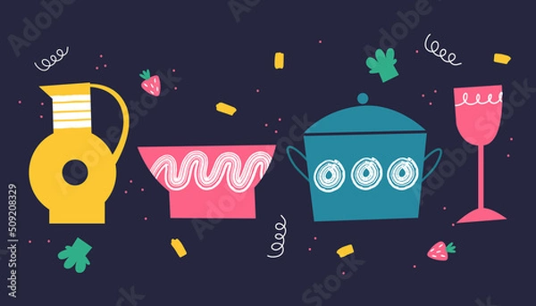 Fototapeta A set of various utensils. Jug, bowl, saucepan, glass. Vector illustration.