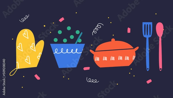 Fototapeta A set of bright abstract tableware in doodle style. Vector illustration.