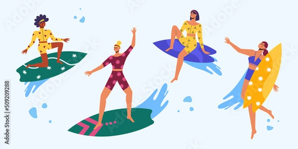 Fototapeta Collection of different women on the surf. Leisure. Vector illustration.