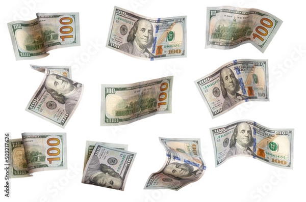 Obraz Dollars, flying money, curved in different ways, isolated on a white background.