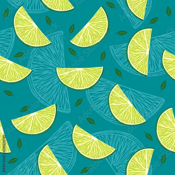 Fototapeta Pattern with lime slices and leaves on blue background