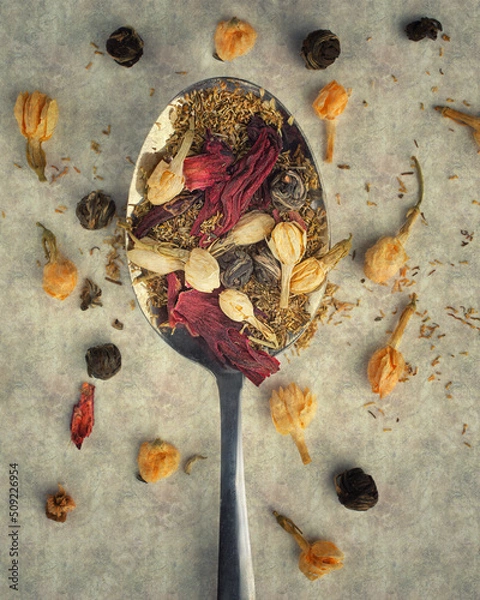 Obraz Dried different herbal tea with spoon.Top view.Rustic style.Close up.