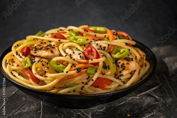 Obraz Chicken Noodles and vegetables or Chow Mein in black bowl at dark background.Free copy space.Selective focus.