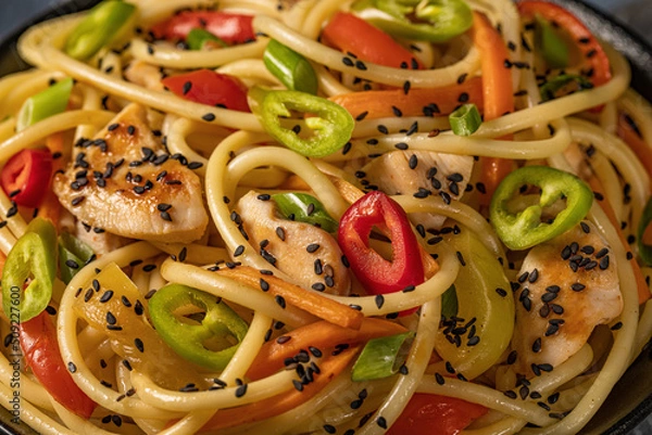 Obraz Chicken Noodles and vegetables or Chow Mein.Close-up.Selective focus.