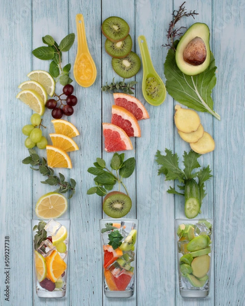Obraz Smoothie colored composition with three set and recipes of smoothie