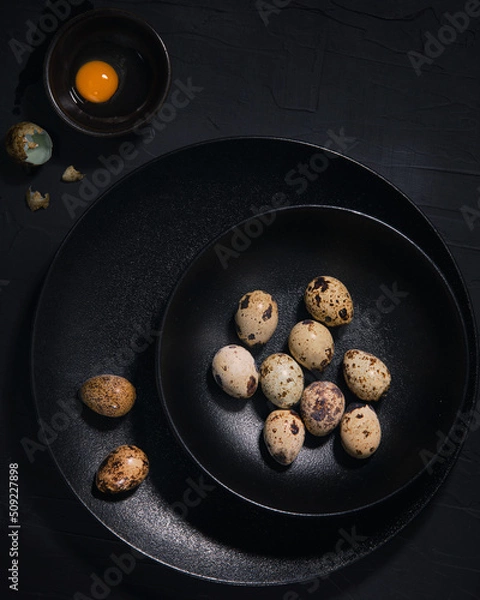 Obraz Quail eggs in a black plates on the black background. Top view. Free copy space.