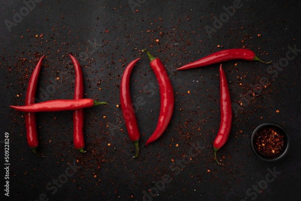 Obraz Word "HOT" is lined with red chilli pepper. Red peppers creating a word hot on black background.Top view. Free copy space.