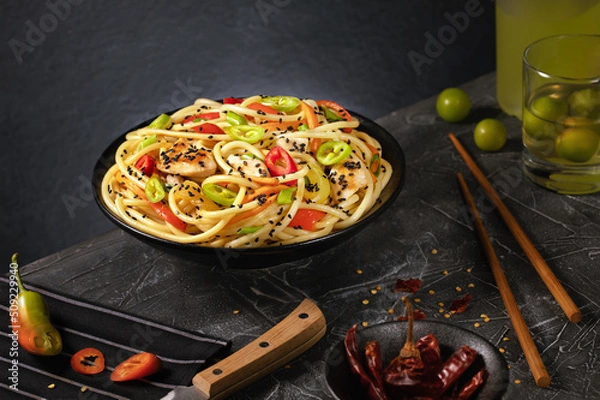 Obraz Stir fry noodles with vegetables and chicken in black wok pan. Dark background. Copy space.