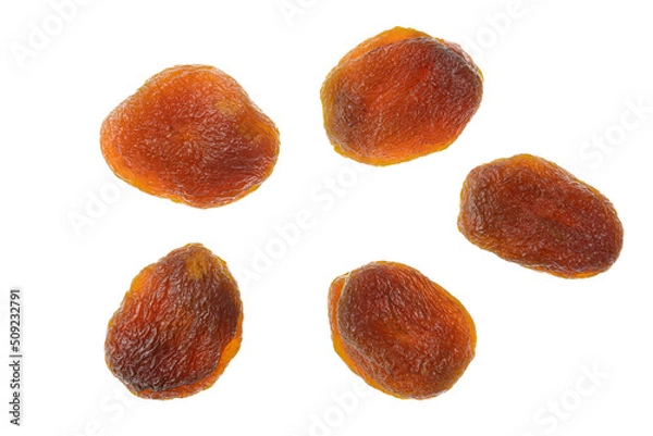 Fototapeta Set of dried apricots isolated on white background, top view.
