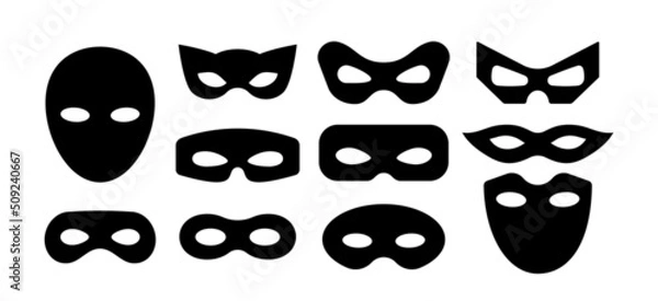 Obraz Mask superhero carnival villain or burgar vector icon set. Black masquerade costume eye mask silhouette hidden person face. Simple design incognito party masque shape template illustration.