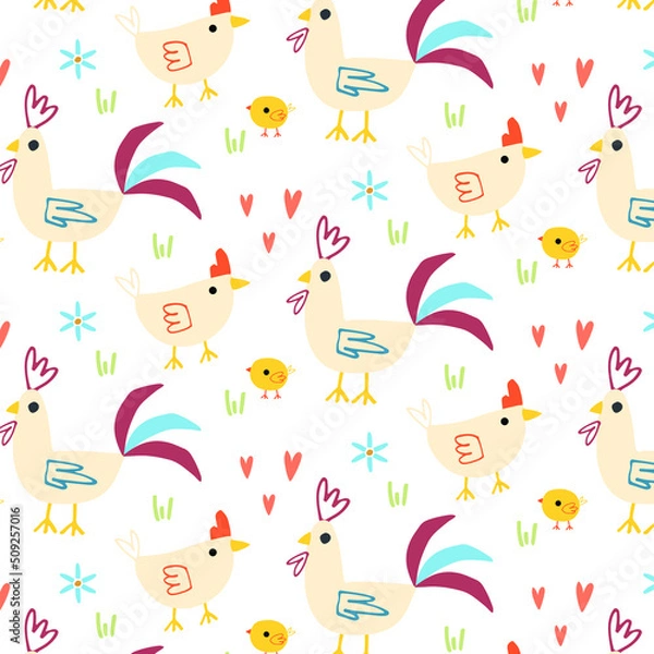Fototapeta vector pattern with rooster, hen and chick. bright illustration of rural birds foe fabrics, printing. cartoon style 