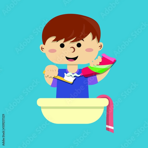 Obraz A child is brushing teeth flat vector illustration. 