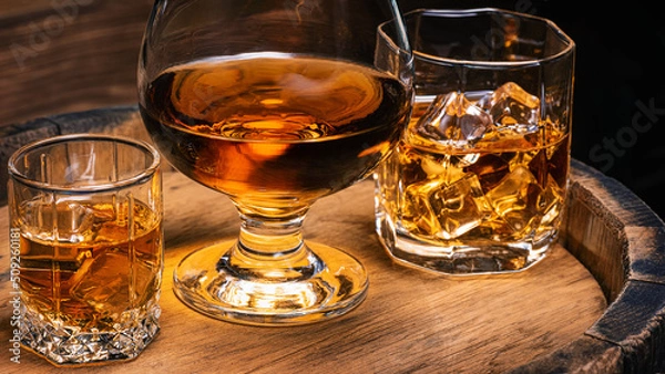 Fototapeta Glass of whiskey with ice, glass of cognac, glass of bourbon with ice stand on wooden barrel of whiskey against background of wooden background. Alcoholic beverages whiskey, cognac, brandy close-up.