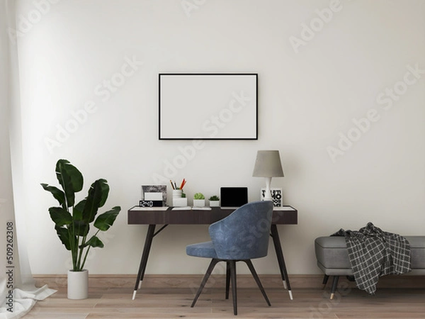 Obraz Desk room or home office mockup with 1 blank landscape frame, desk and object, blue chair, plant, and sofa. 3d rendering. 3d illustration
