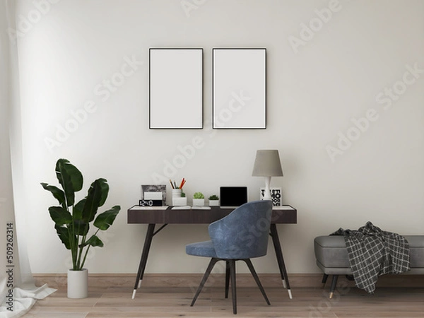 Fototapeta Desk room or home office mockup with 2 blank frames, desk and object, blue chair, plant, and sofa. 3d rendering. 3d illustration