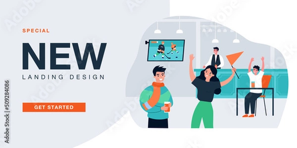 Fototapeta Fans watching hockey match on TV in interior of bar. Female supporter encouraging, holding flag flat vector illustration. Sport game, event concept for banner, website design or landing web page
