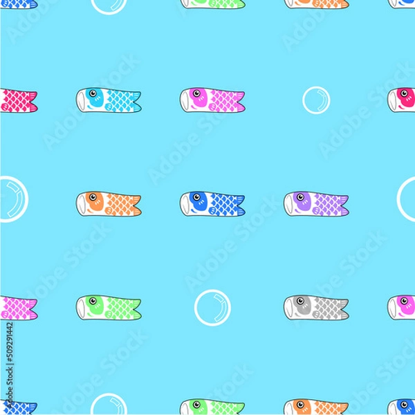 Fototapeta "Vector, graphic, illustration and seamless pattern of fish. Cute koinobori fish swim in the water with bubbles.