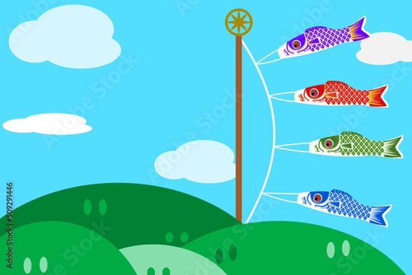 Fototapeta """Vector, graphic, illustration of carp streamer. Cute flying koinobori flag with blue sky, cloud and rainbow background. Traditional Asia festival event to illustrate strong energy and spirit.