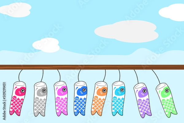 Fototapeta "Vector, graphic, illustration of carp streamer. Cute flying koinobori flag with blue sky, cloud and rainbow background. Traditional Asia festival event to illustrate strong energy and spirit.