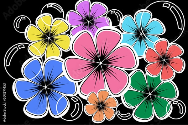 Fototapeta "Vector, graphic, illustration of vintage floral pattern in black background with bubbles.