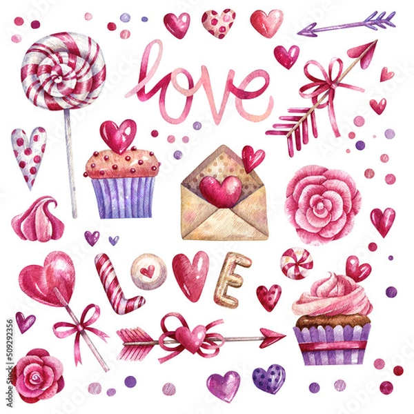 Fototapeta Watercolor set of bright romantic elements - hearts, sweets, arrows, cupcakes, calligraphy. Cute hand-drawn illustrations for valentines day, romantic event or wedding.