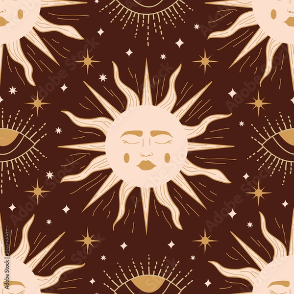 Fototapeta Vector Celestial magic sun seamless repeat pattern design background. Good use for fabrics, wrapping paper, home decor, wallpaper, etc.
