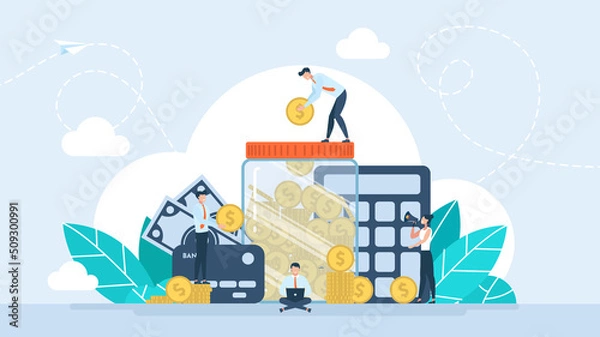 Fototapeta The concept of saving money. Gold coins in a glass, transparent jar with a lid. Piggy bank for storing money. Jar with money. Man puts a gold coin into a glass moneybox. Flat illustration.