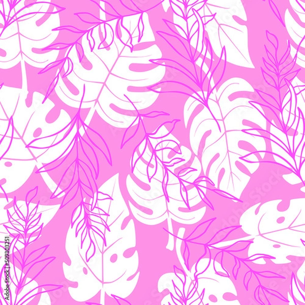 Fototapeta tropical background of monsters and palm leaves vector seamless pattern