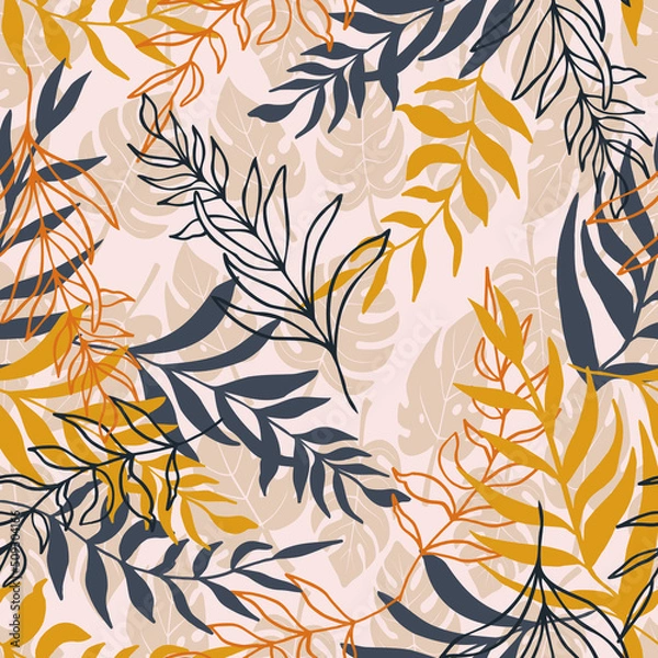 Fototapeta tropical background of monsters and palm leaves vector seamless pattern