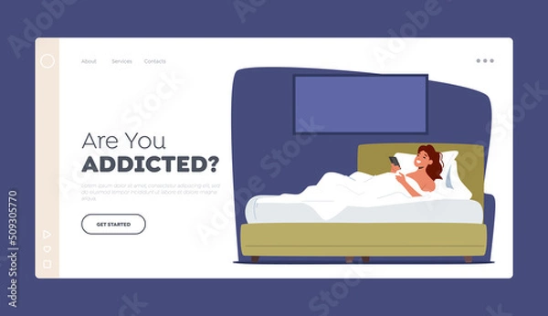 Fototapeta Gadget Addiction Landing Page Template. Female Character Relax in Bed with Phone, Chatting with Friends, Communicate