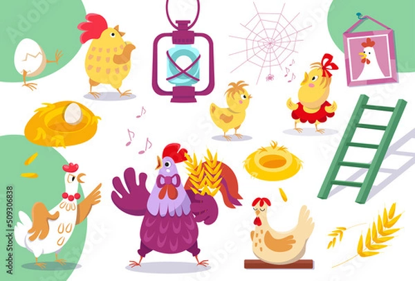 Fototapeta Chicken family. Cute rooster and hen in chicken coop. Vector color illustrations on white background. Icons for design of posters, books, puzzles.