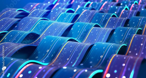 Obraz Big Data Cyber Strings. 3D illustration of wavy lines in information code field. Data flow cyber concept. Coding and technology