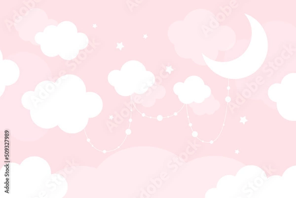 Obraz Vector hand drawn cute wallpaper with clouds, stars and moon on pink background. Wallpaper for a little princess. 3D Wallpaper.