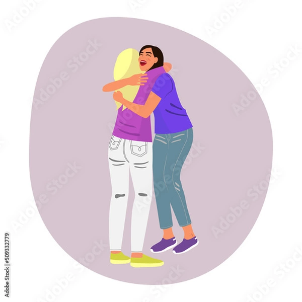 Fototapeta Friends hugging happy, friendship with girls. Women standing together, laughing, smiling people, good relationships. Flat vector illustration