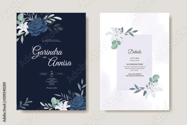 Obraz  Elegant wedding invitation card with beautiful white navy blue  floral and leaves template Premium Vector