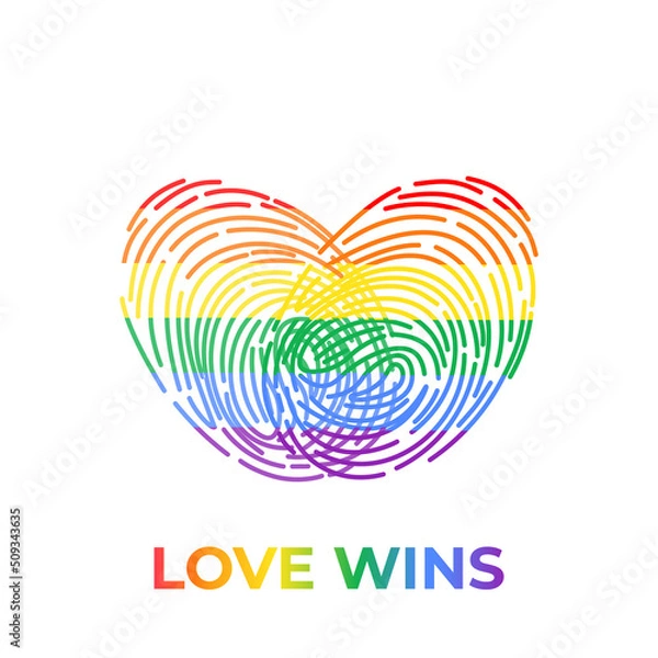 Fototapeta Conceptual logo with fingerprint rainbow heart. Simple flat icon with thumb stamp in LGBT flag colors. Symbol of support for gays and lesbians. Fingerprint sign for posters, flyers or prints