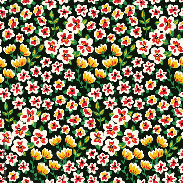 Fototapeta Seamless pattern with graphic summer meadow, decorative plants on green field. Retro style floral print, botanical background with small wild flowers, leaves, herbs. Vector illustration.