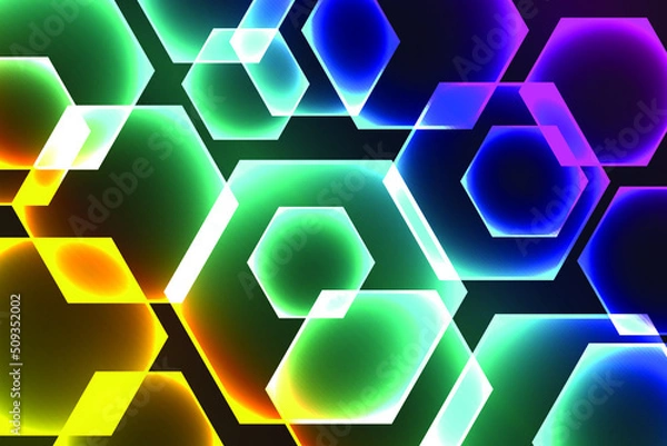 Fototapeta Neon shimmering bokeh background with hexagons. Defocused blurry light. Abstract vector background.