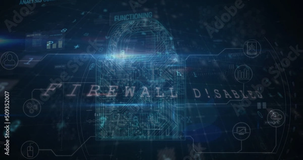 Fototapeta Image of security padlock and data processing over navy background