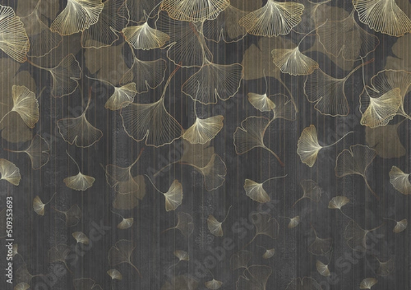 Fototapeta Vintage illustration with falling ginkgo leafs on grunge background. Design for wallpaper, photo wallpaper, fresco, post cards, etc.