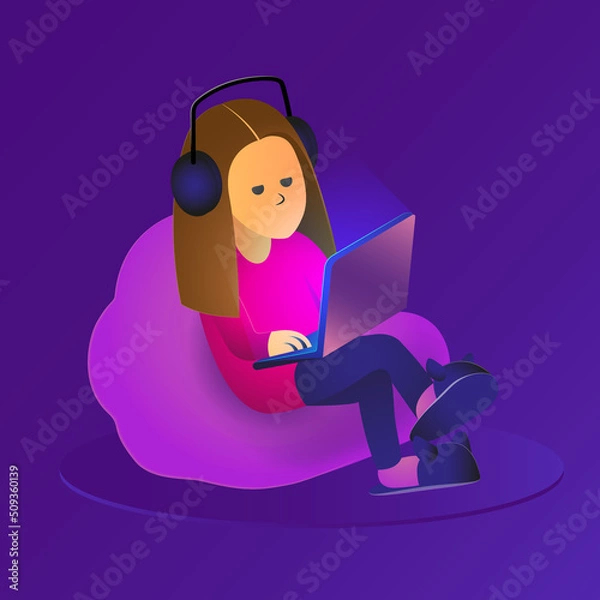 Fototapeta ICON.A girl programmer works on her laptop sitting on a cushioned pouf