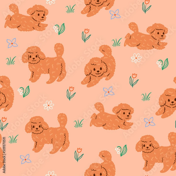 Fototapeta Seamless pattern with cute dogs and flowers. Vector graphics.