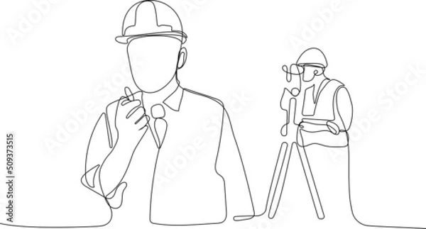 Fototapeta Close up of young Caucasian smiling worker with helmet on head using tablet for work while standing in warehouse. Vector illustration