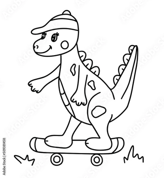 Obraz Coloring book page with dinosaur on skateboard