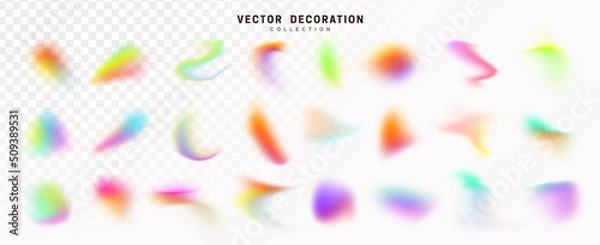 Fototapeta Set of spot multicolored brush strokes. Gradient Abstract shapes colorful fluid paint. Collection of isolated element of holographic chameleon design palette of shimmering colors. Vector illustration