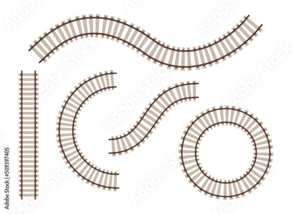 Fototapeta Set of realistic train tracks railroad contour, vector illustration