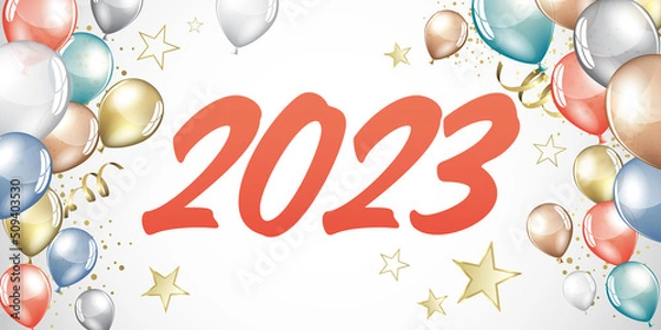 Fototapeta happy new year 2023 color balloons and confetti - party festive design