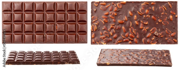 Obraz Milk chocolate bar with nuts. Top and bottom view of chocolate bar, isolated on white background.
